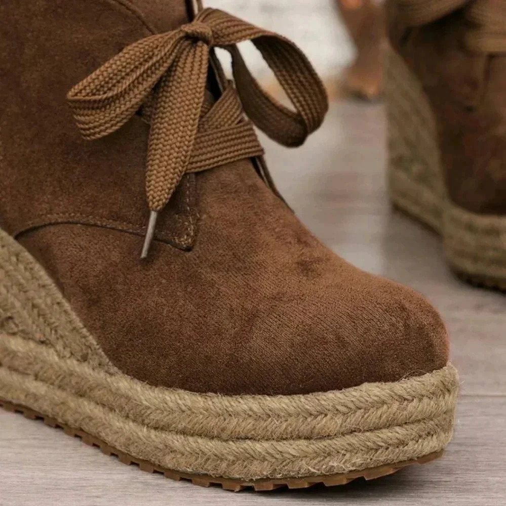 Women's Fashion Platform Boots With Solid Color Woven Shoelaces, All-Match And H - Picture 3 of 8